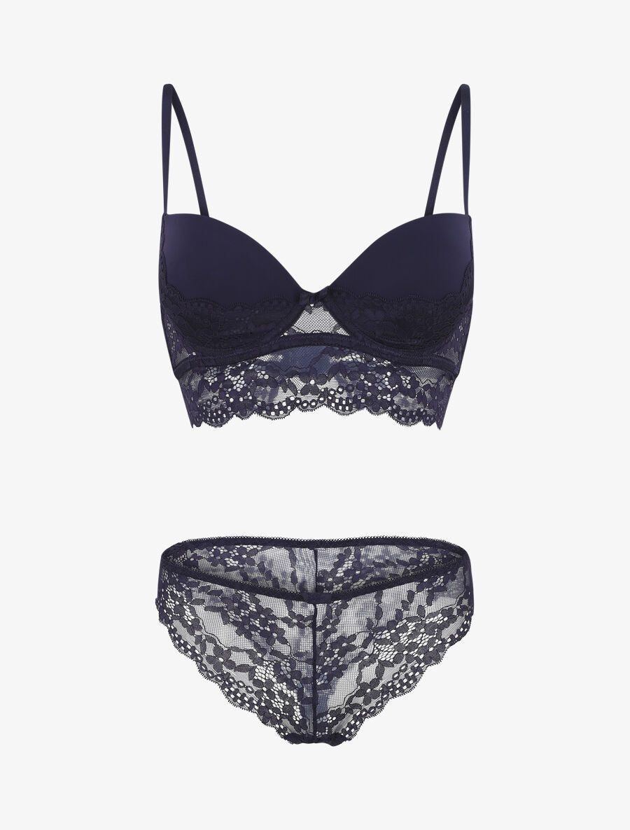 Ensemble lingerie à dentelle fleurie - Marine - 2