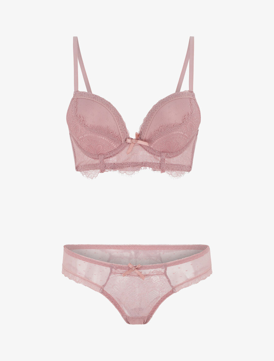 Ensemble push up bande en dentelle et noeud - Vieux rose - 2