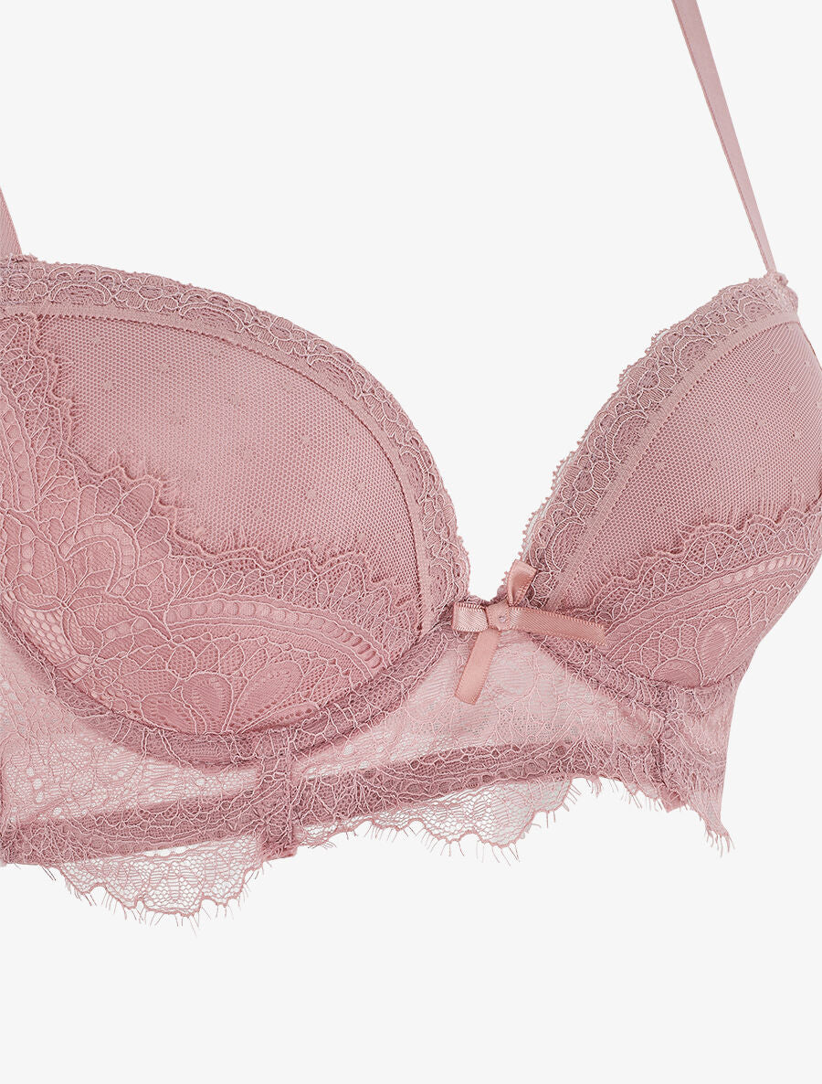 Ensemble push up bande en dentelle et noeud - Vieux rose - 4