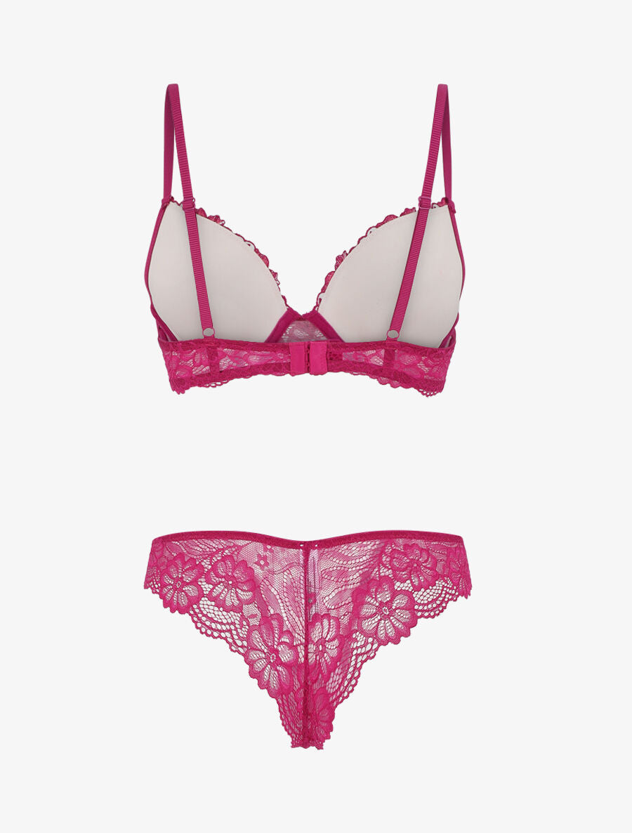 Ensemble push up bande en dentelle à motif fleurs - Fushia - 3