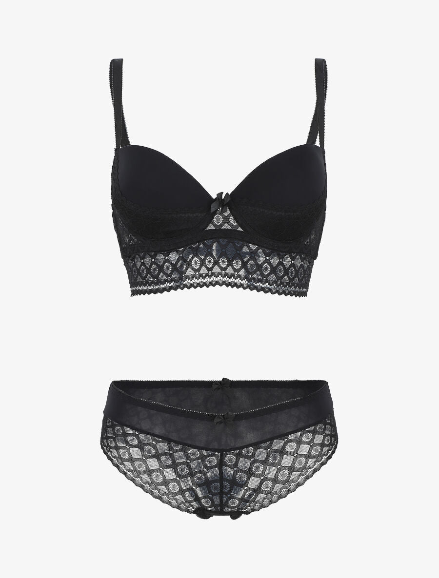 Ensemble push up à large bande en dentelle - Noir - 4