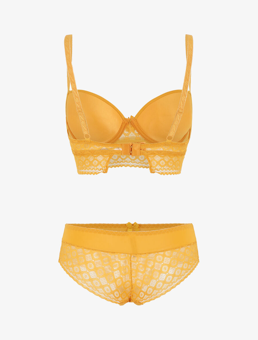 Ensemble push up à large bande en dentelle - Jaune moutarde - 3