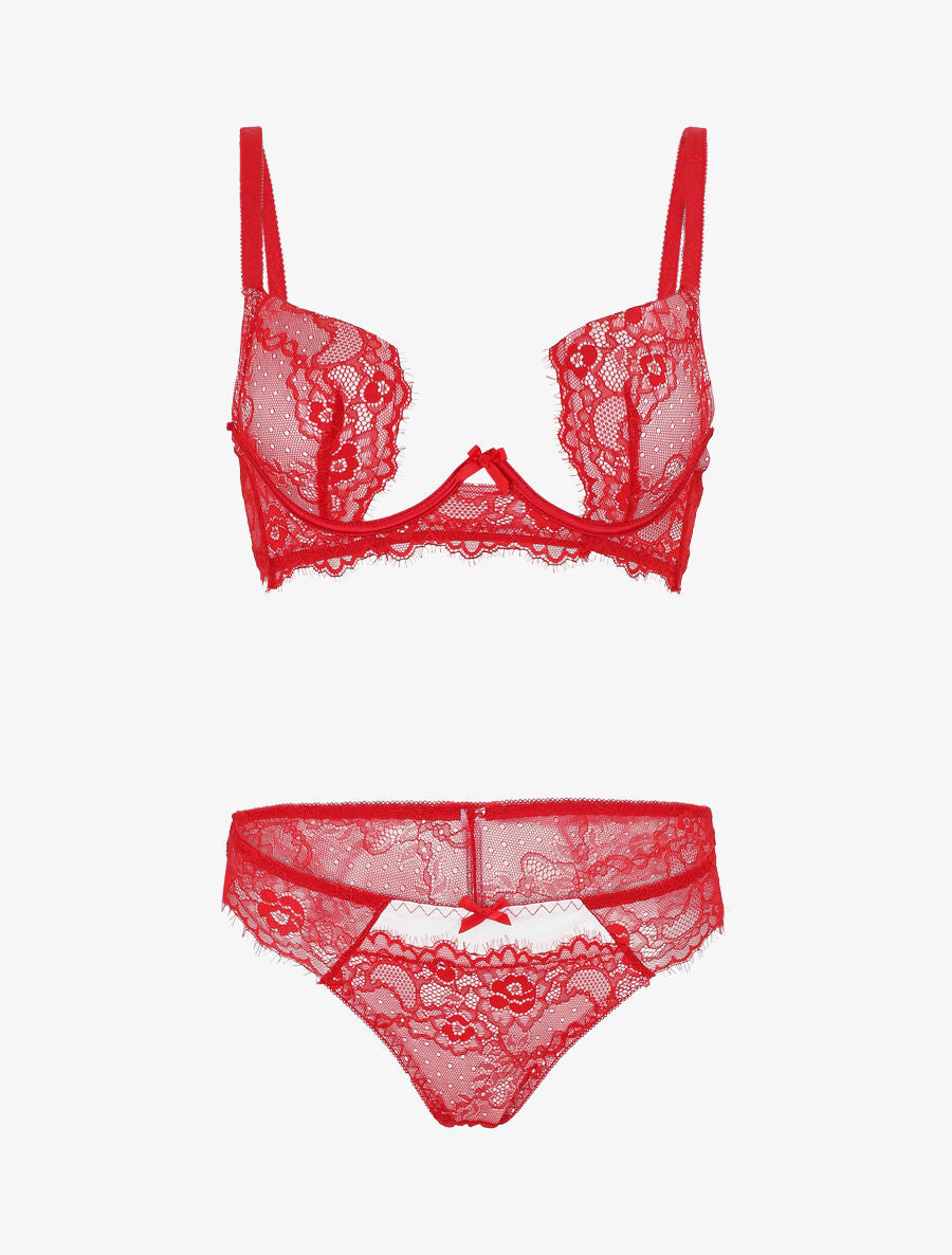 Ensemble soutien-gorge push up et culotte en dentelle - Rouge/blanc - 4