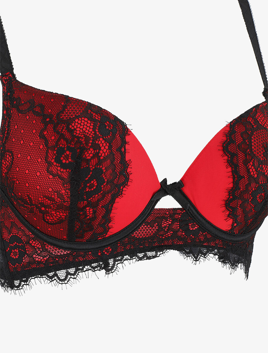 Ensemble soutien-gorge push up et culotte en dentelle - Noir/rouge - 4