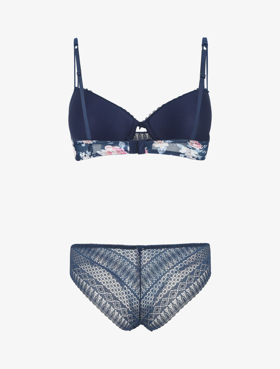Ensemble push up imprimé fleuri et dentelle - Marine - 3