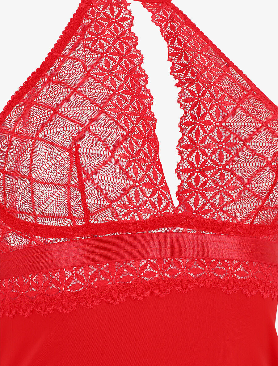 Robe nuisette à dos nu et haut en dentelle ajouré - Rouge - 4