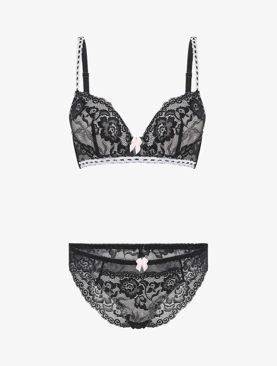 Ensemble push up en dentelle à motif fleuri - Noir - 2