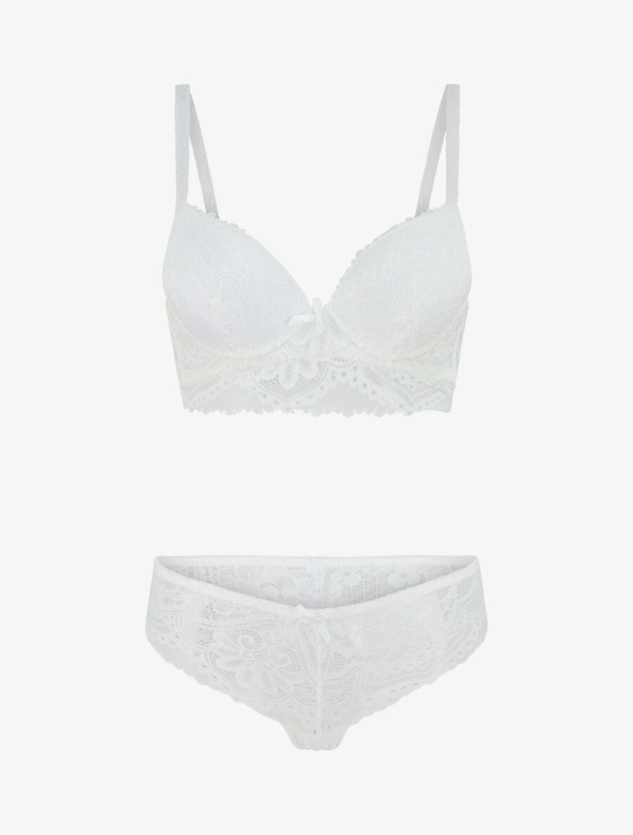 Ensemble push up bandeau en dentelle et motif graphique - Blanc - 1