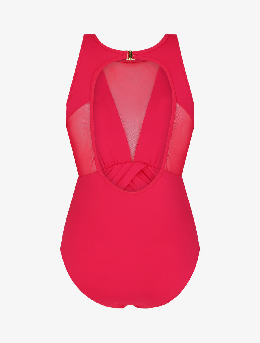 Maillot de bain une pièce à empiècements en résille - Rouge cerise - 2