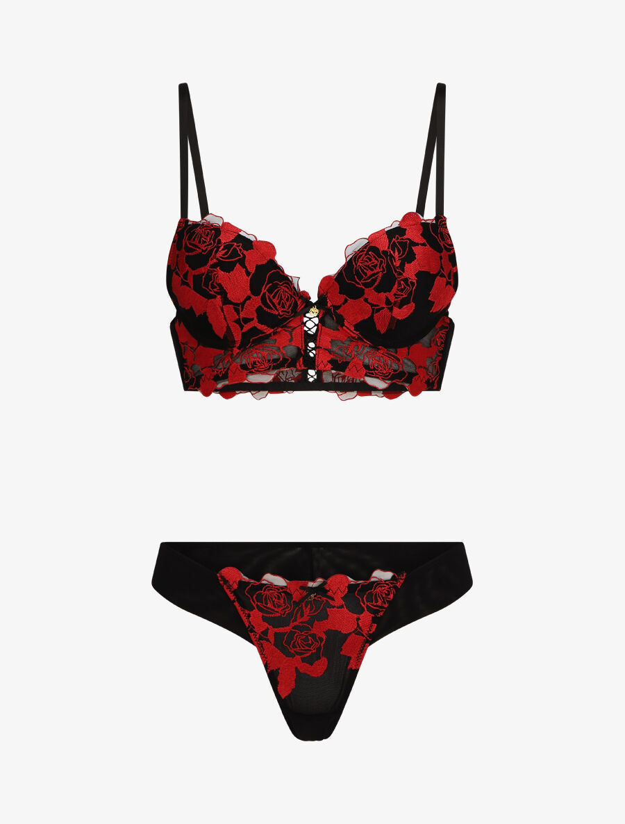 Ensemble lingerie en dentelle motif roses - Rouge - 1
