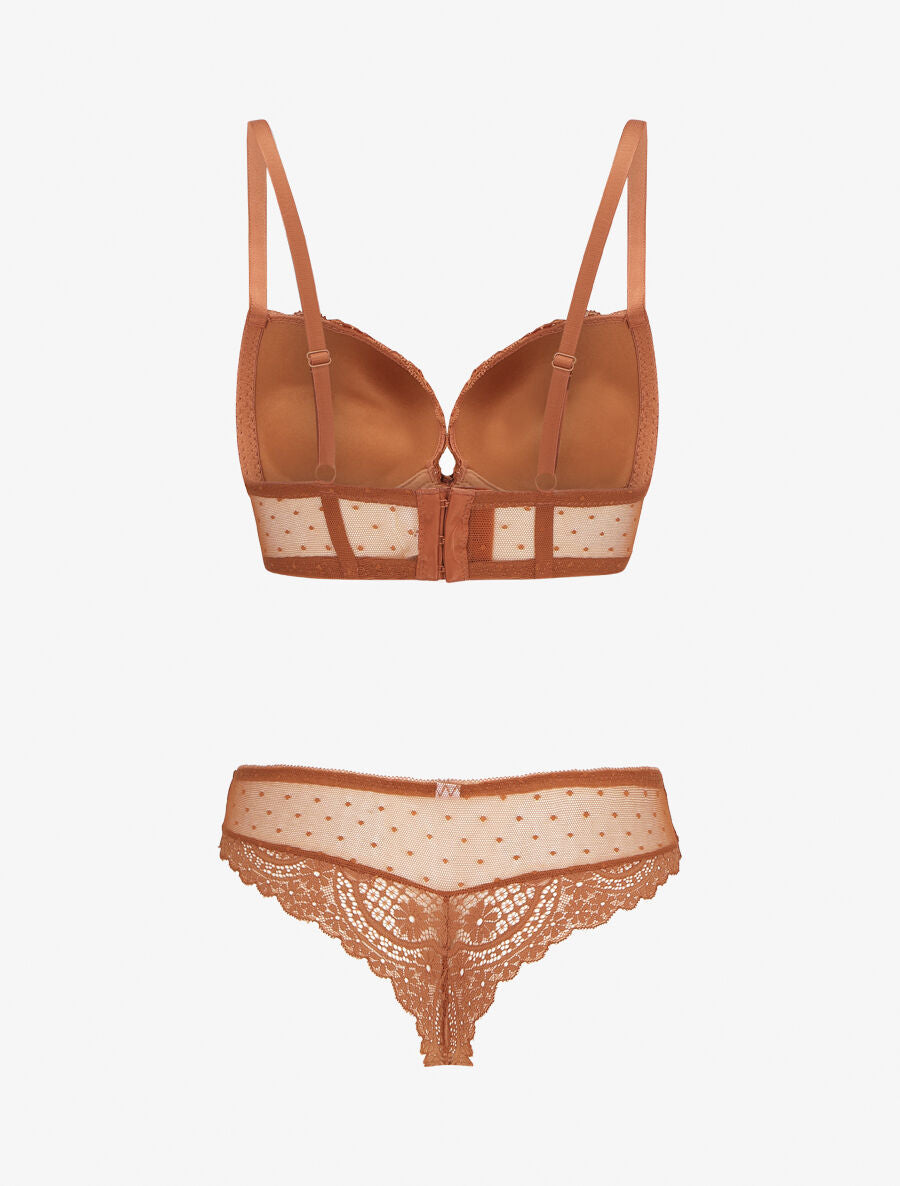 Ensemble soutien-gorge et tanga en dentelle - Camel - 2