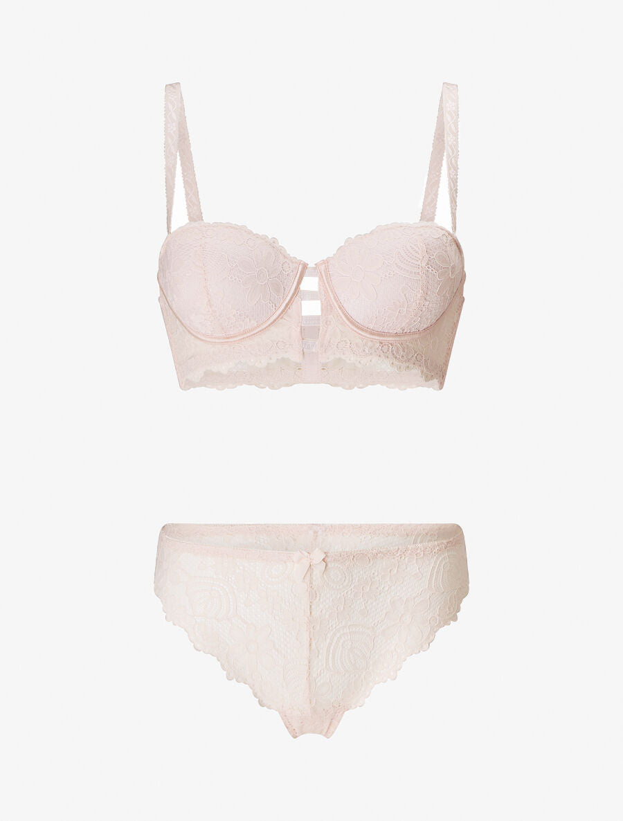 Ensemble soutien-gorge et tanga en dentelle florale - Rose pastel - 1