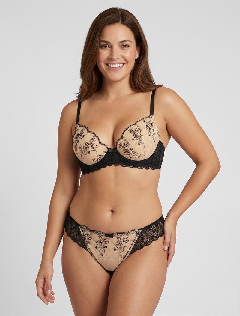 Coordinato reggiseno e perizoma in pizzo iridescente - Nero/beige