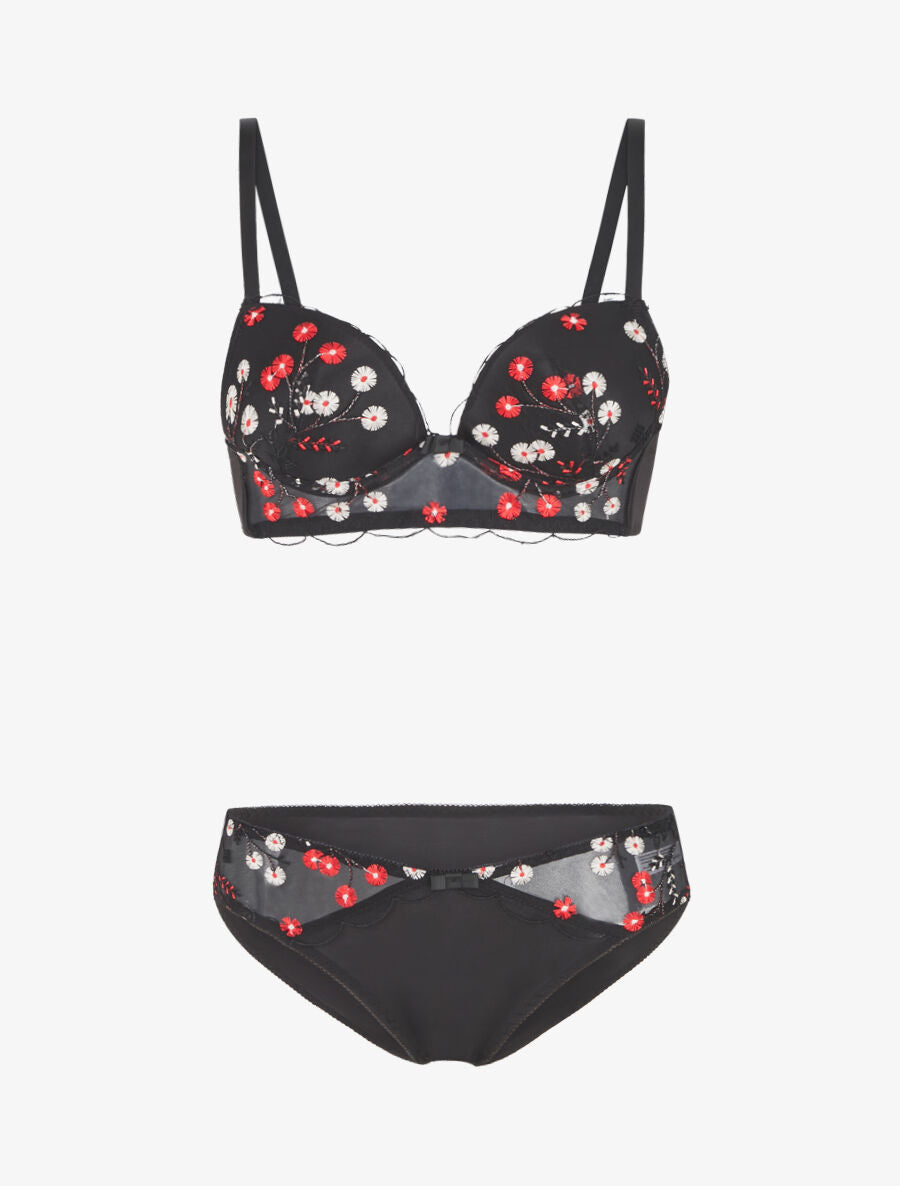 Ensemble soutien-gorge et culotte motif fleurs brodées - Noir - 1