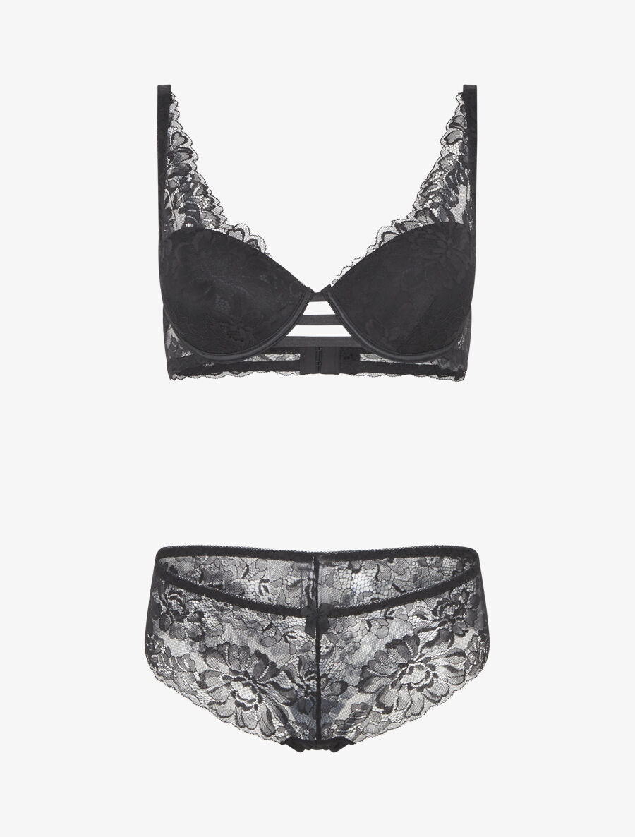 Ensemble soutien-gorge push-up et culotte en dentelle fleurie - Noir - 4