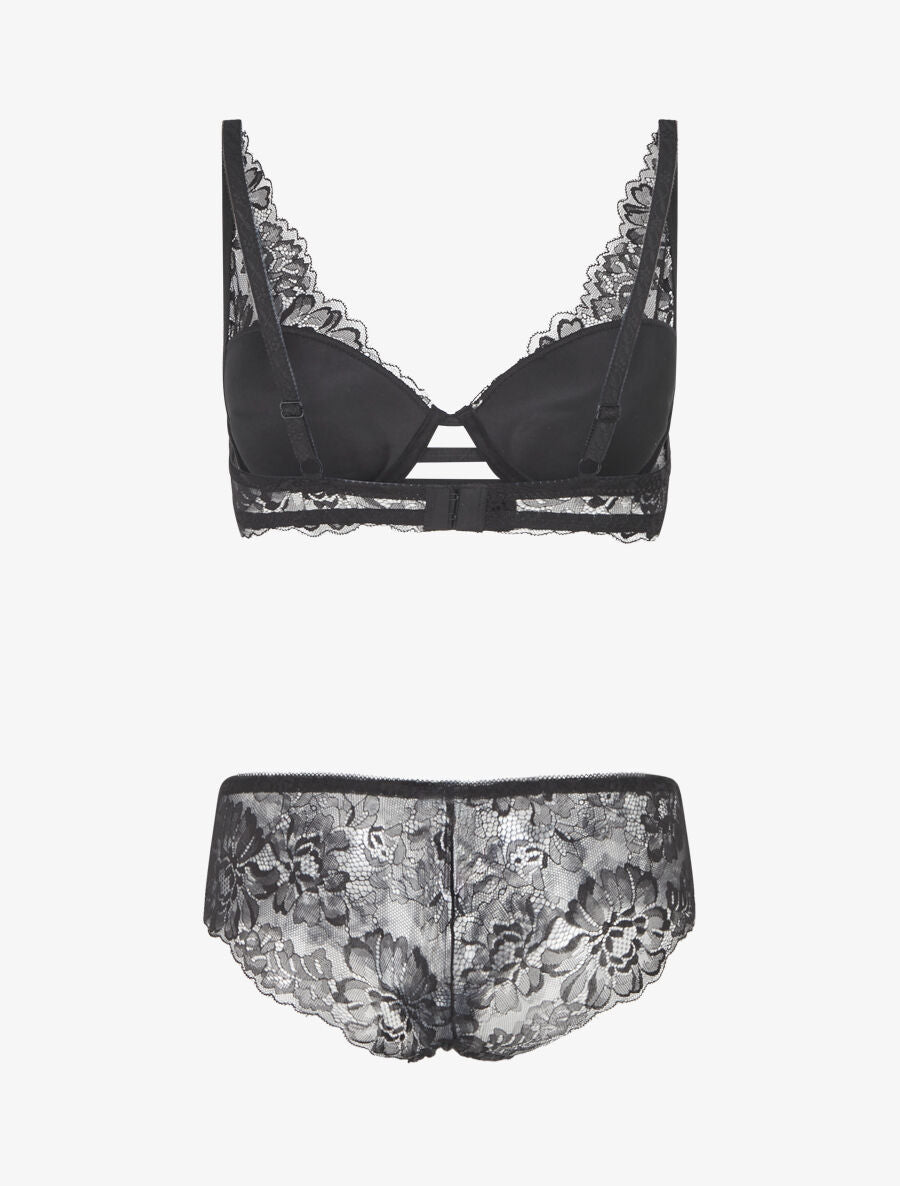 Ensemble soutien-gorge push-up et culotte en dentelle fleurie - Noir - 2
