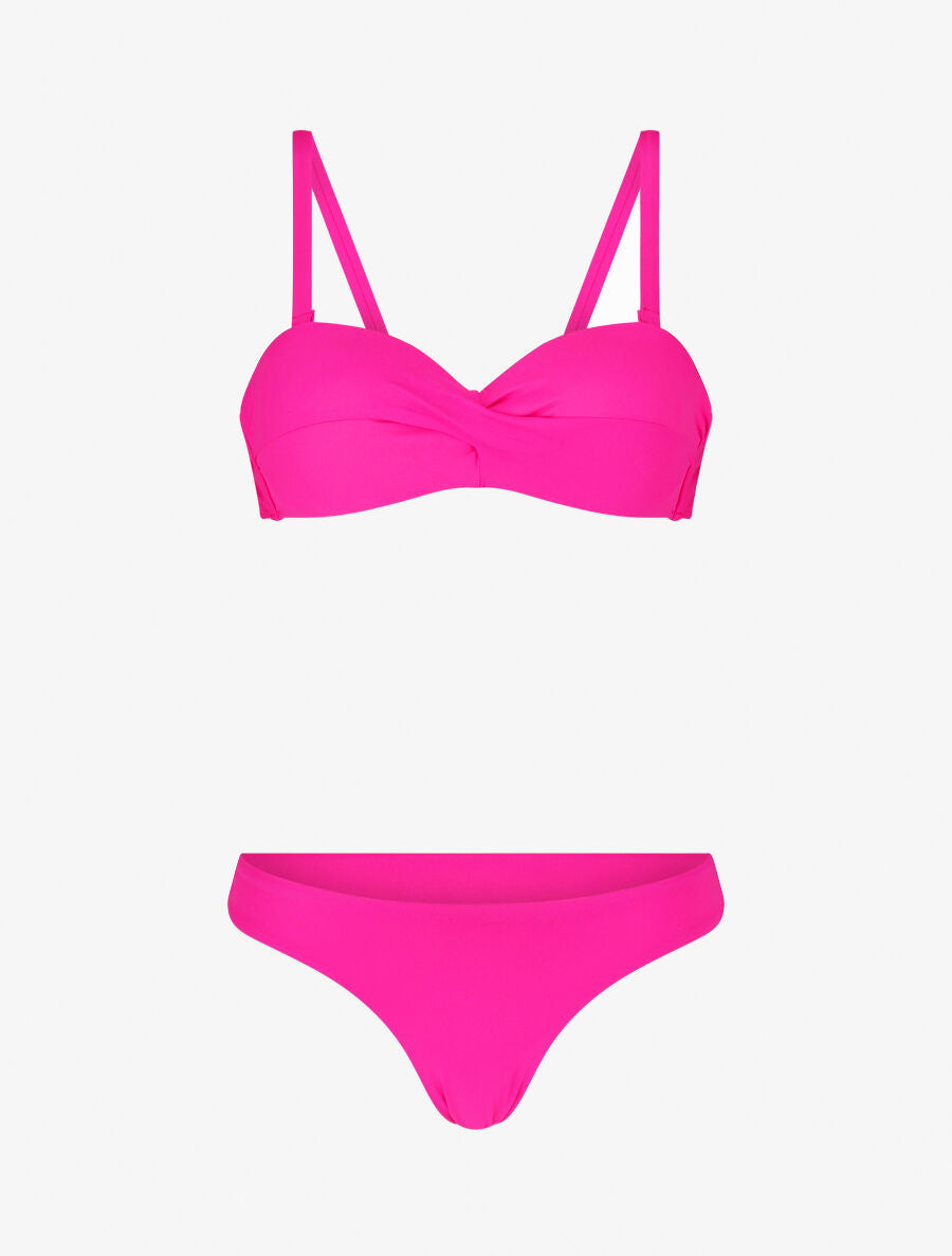 Bikini à balconnet et tanga uni - Rose fluo - 1