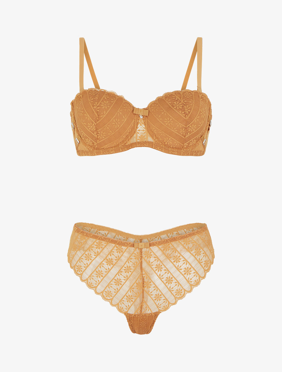 Ensemble soutien-gorge et tanga ajouré en dentelle - Camel - 1
