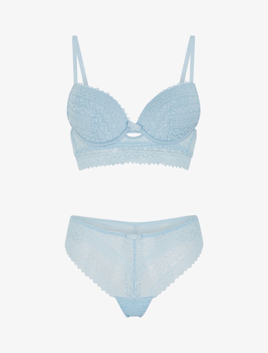 Ensemble soutien-gorge avec nœuds et tanga ajouré en dentelle - Bleu ciel - 1