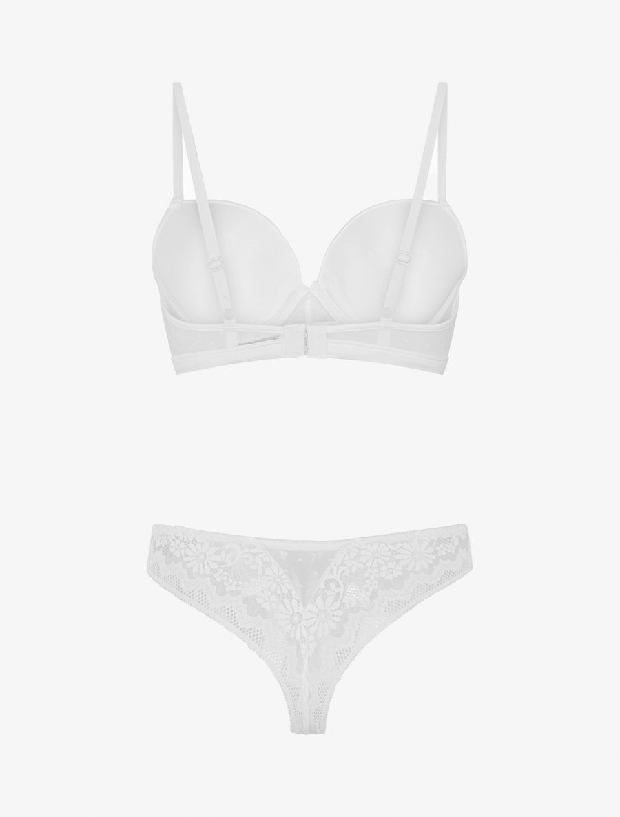 Ensemble soutien-gorge et tanga ajouré à détail satiné - Blanc - 2
