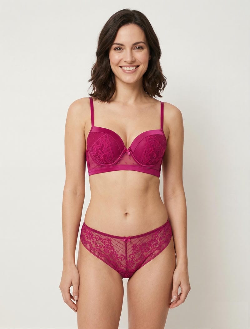 Set di reggiseno e perizoma traforato con dettaglio satinato. - Fucsia