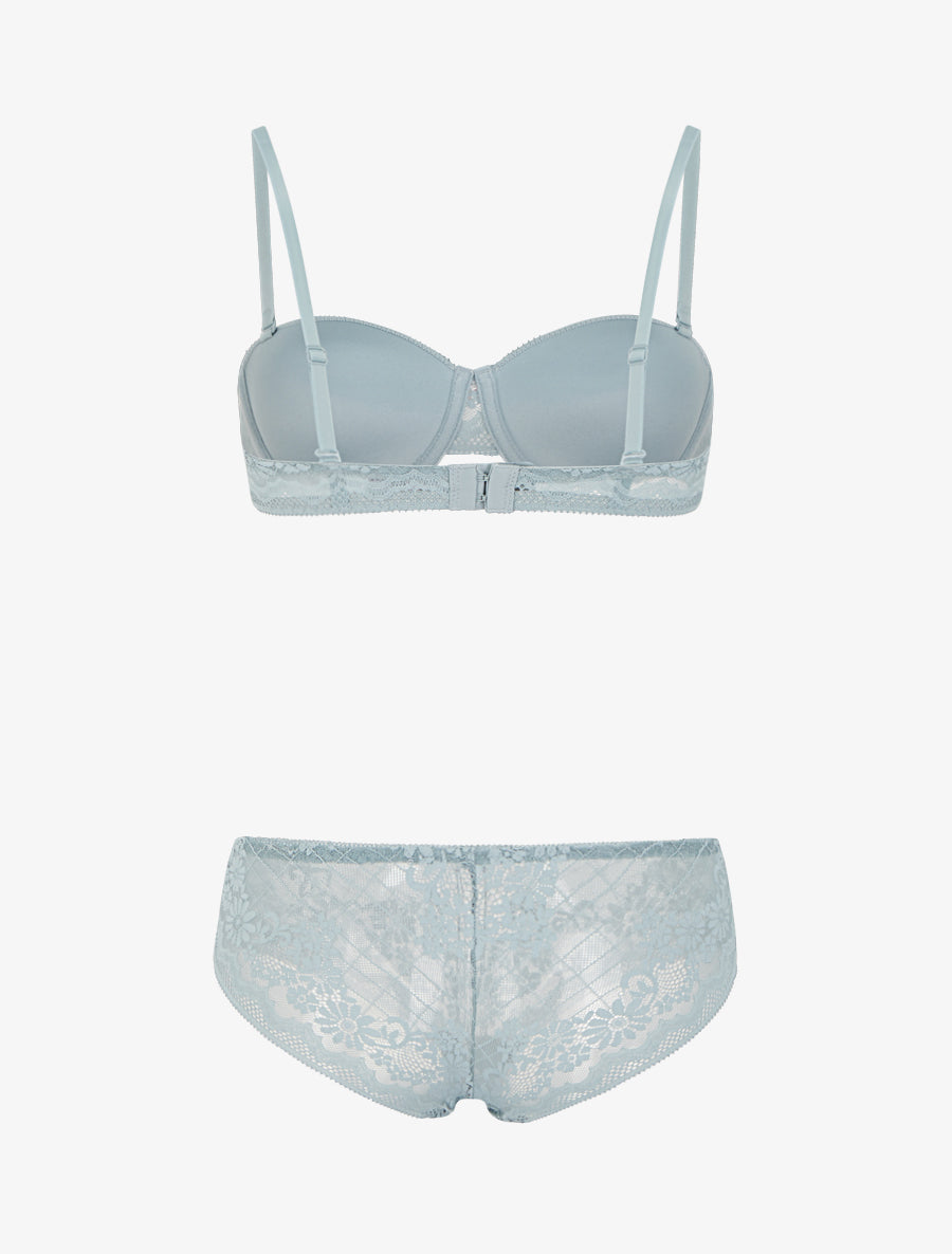 Ensemble soutien-gorge et culotte ajouré à bretelles strassées - Vert gris - 2
