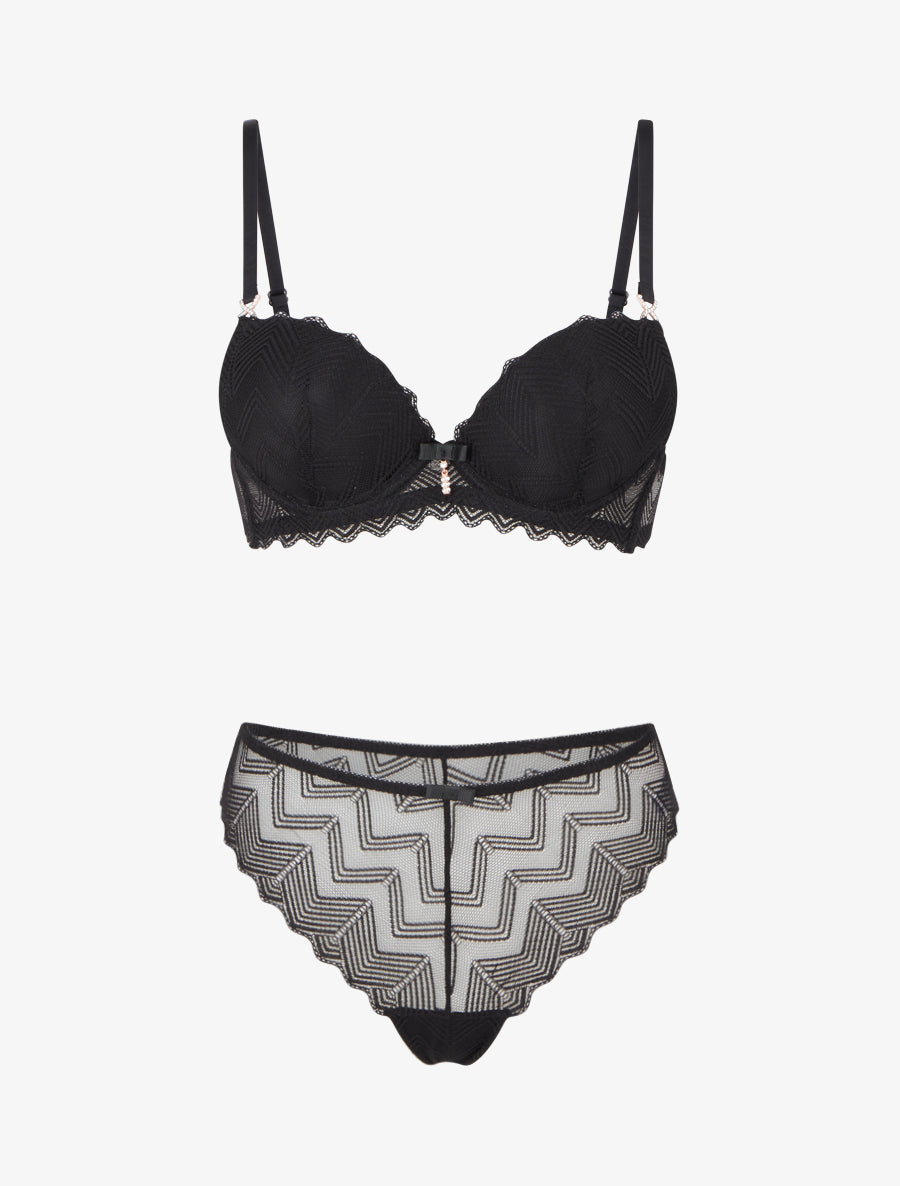 Ensemble soutien-gorge et tanga ajouré à bijoux strassés - Noir - 1