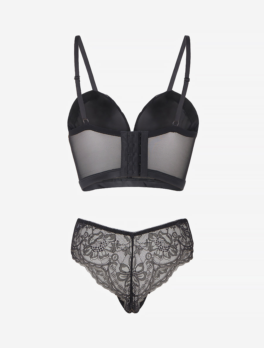 Ensemble lingerie style corset à dentelle fleurie - Noir - 2