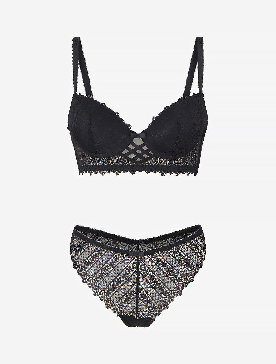 Ensemble lingerie en dentelle fantaisie - Noir - 1