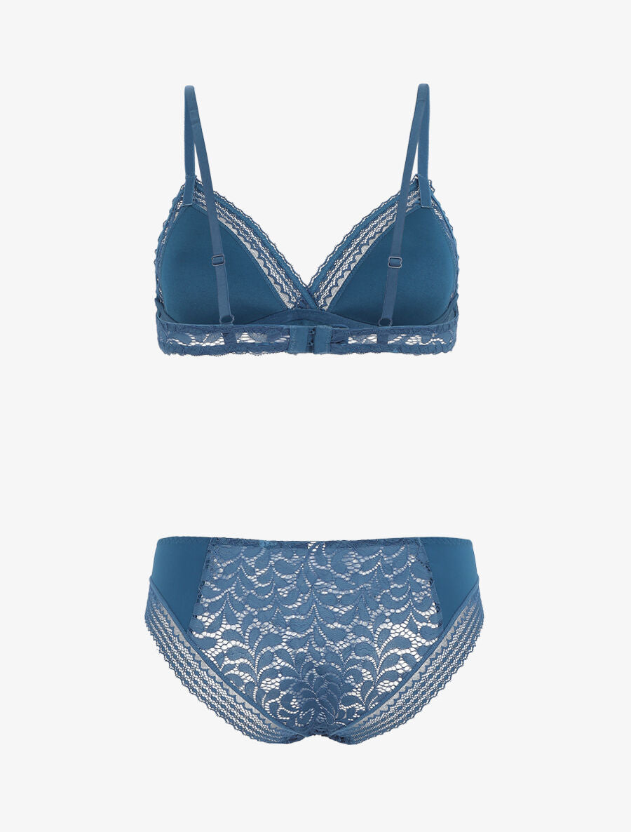 Ensemble push up en dentelle à motifs fleuri - Bleu canard - 3