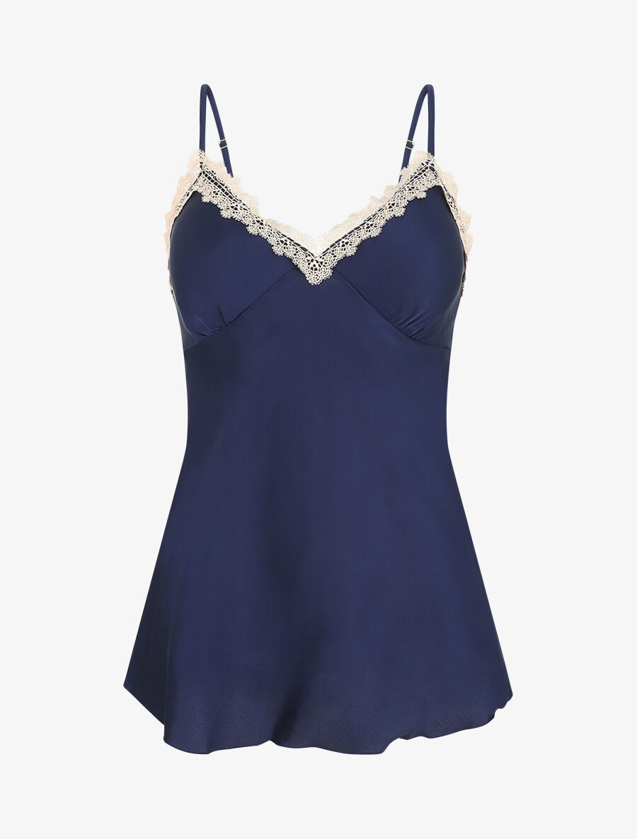 Ensemble caraco et short de pyjama satiné à dentelle - Marine - 1