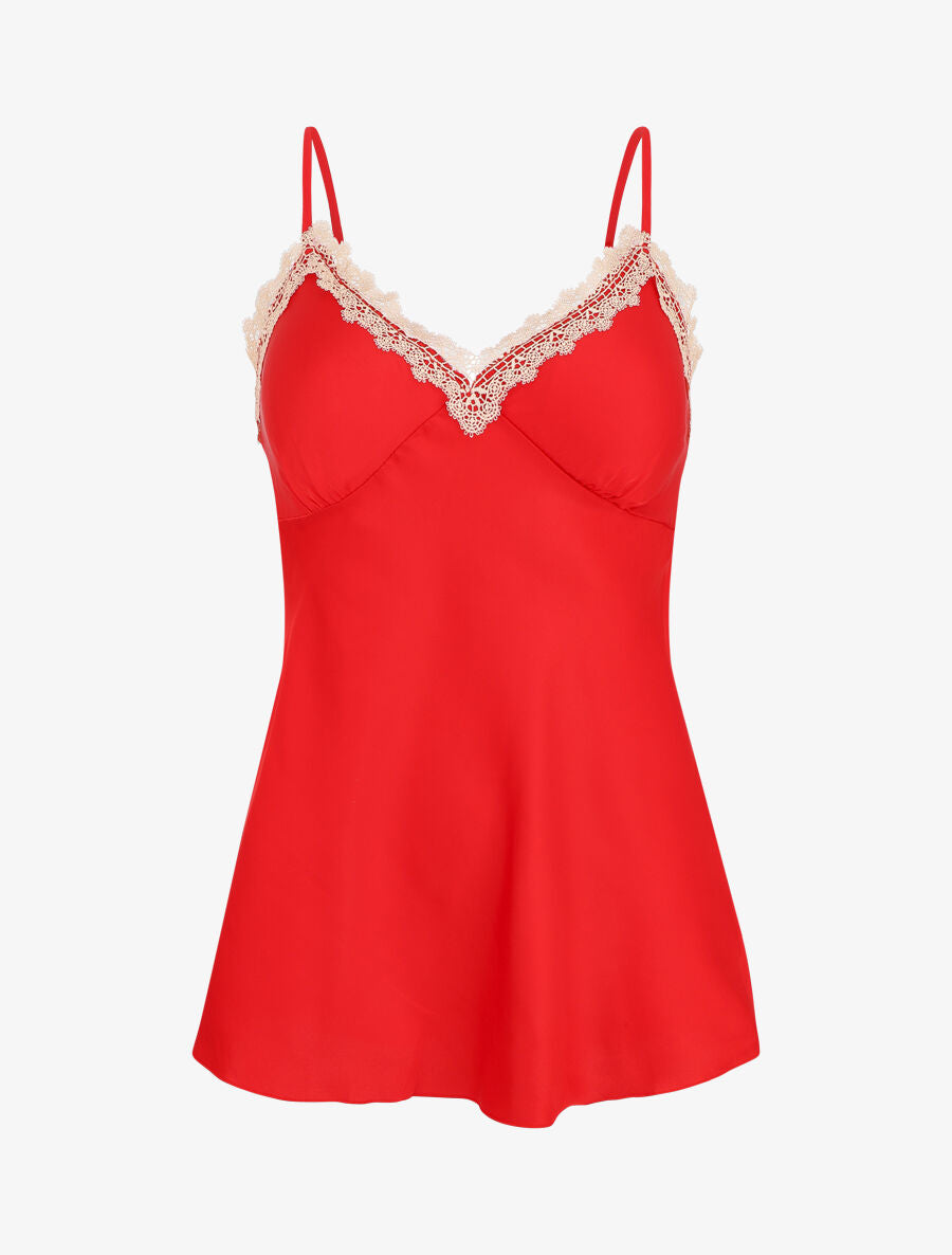 Ensemble caraco et short de pyjama satiné à dentelle - Rouge - 6