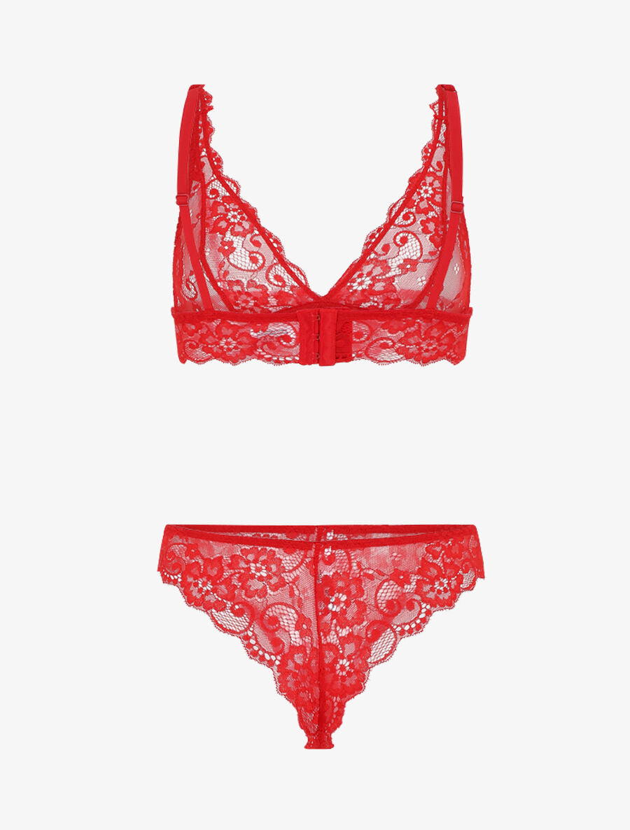 Ensemble soutien-gorge triangle et tanga en dentelle - Rouge - 3