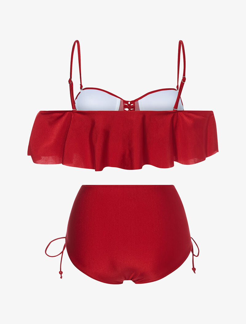 Bikini volanté et taille haute - rouge - 2