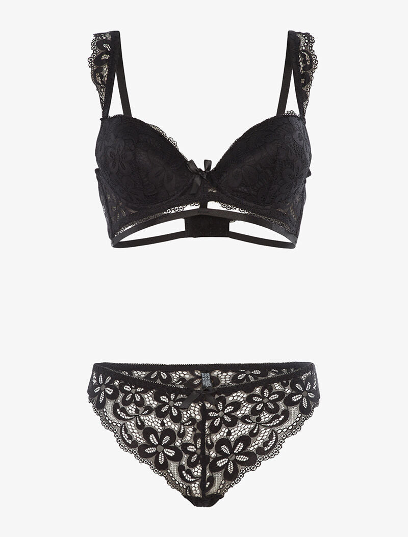 Ensemble en dentelle motifs fleurs - noir - 1
