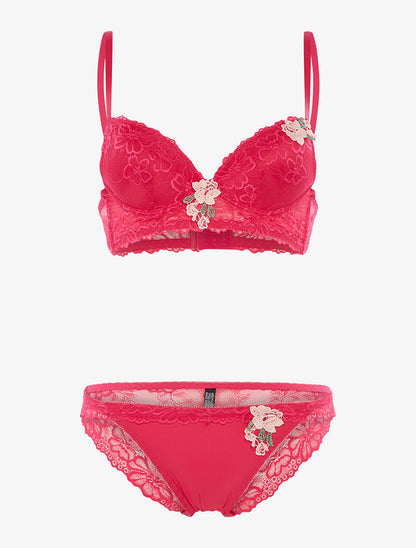 Ensemble SG et tanga empiècement fleurs brodées - fushia - 1