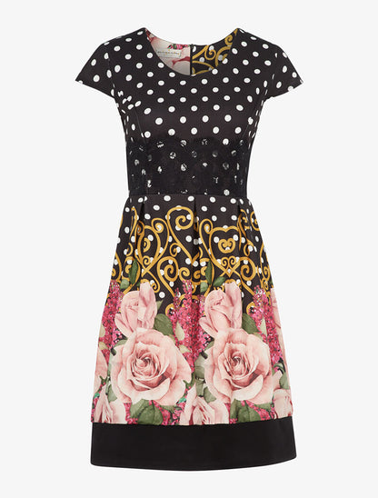 Robe coupe patineuse à pois et roses - noir - 3