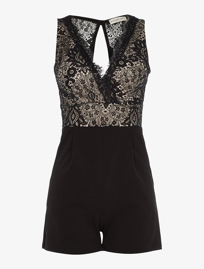 Combishort haut dentelle ajourée - beige/noir - 1