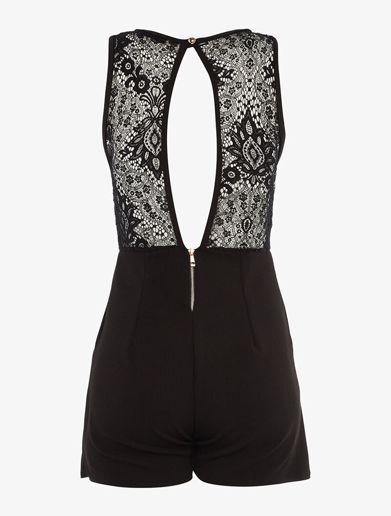 Combishort haut dentelle ajourée - beige/noir - 2