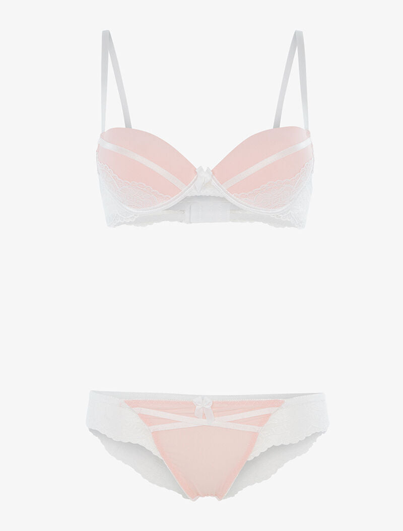 Ensemble à empiècements dentelle et tanga - rose/blanc - 1