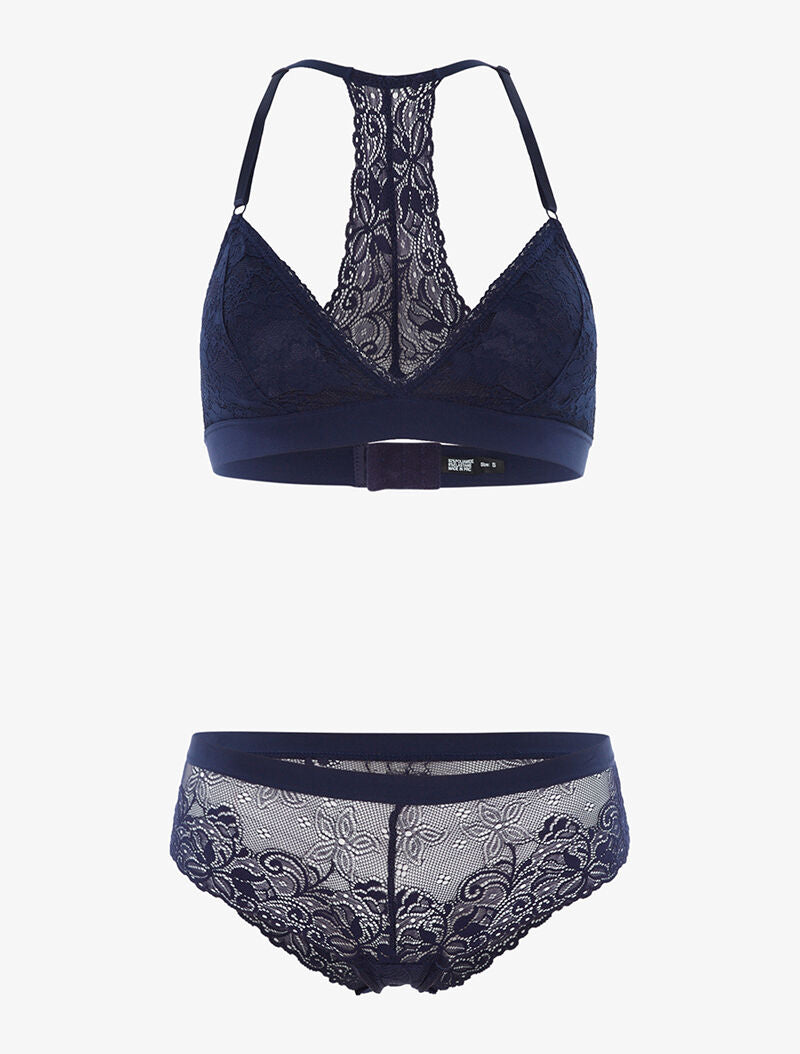 Ensemble triangle dentelle dos nageur et shorty - marine - 1