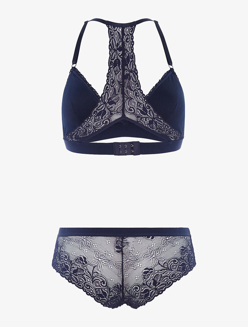 Ensemble triangle dentelle dos nageur et shorty - marine - 2