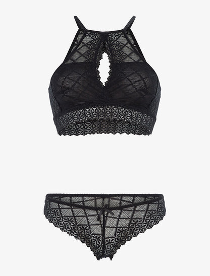 Ensemble brassière en dentelle et tanga - noir - 1