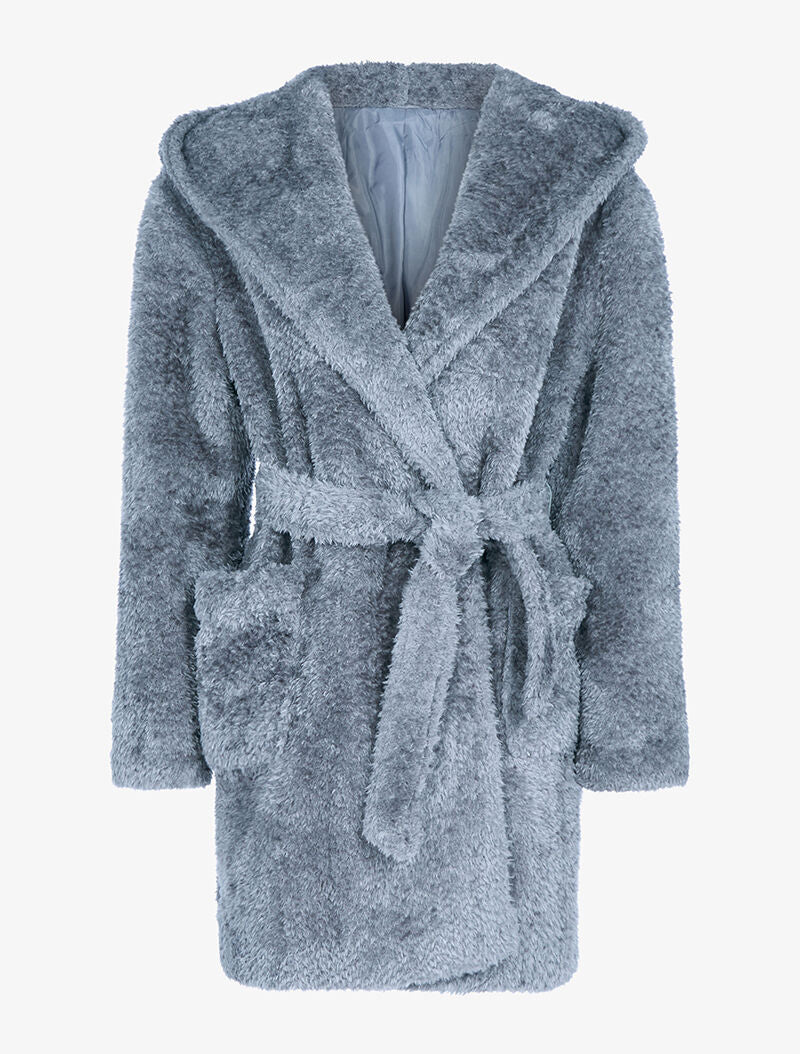 Manteau ceinturé en fourrure synthétique - gris clair - 1