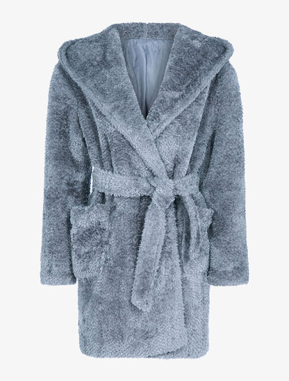 Manteau ceinturé en fourrure synthétique - gris clair - 1