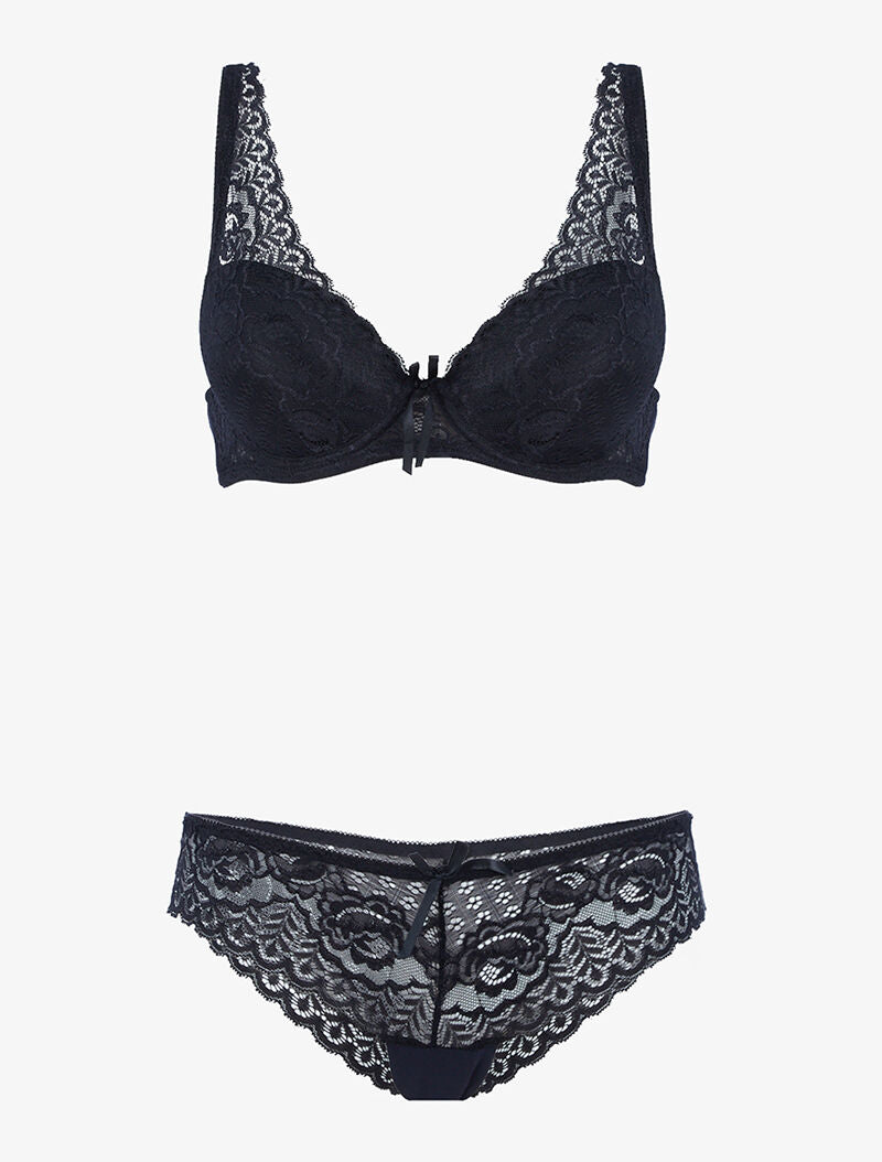 Ensemble en dentelle et décolleté en V - noir - 1