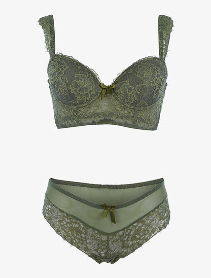 Ensemble en résille et dentelle fleurie - kaki - 3