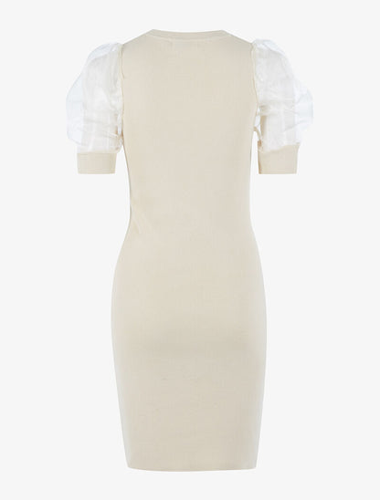 Robe à manches gigot ajourées en tulle - beige - 2