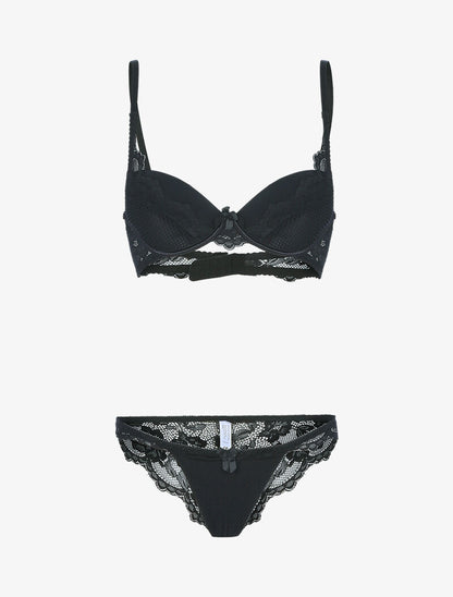 Ensemble satiné avec résille et dentelle - noir - 1