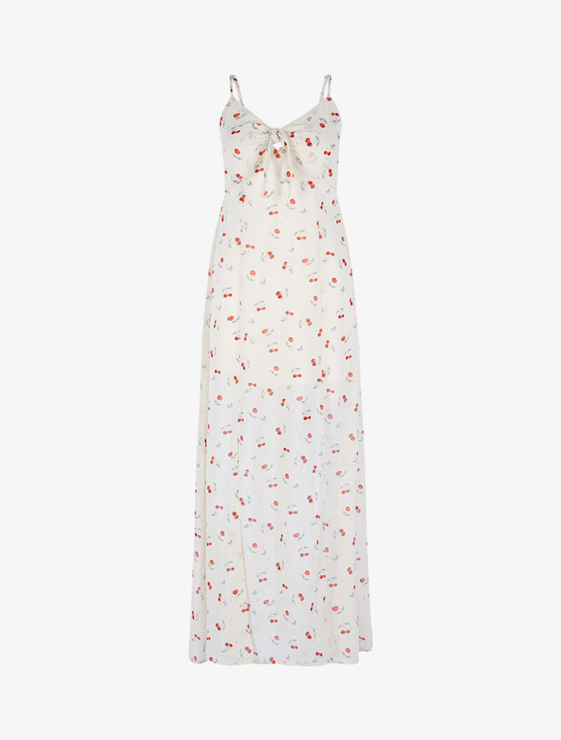 Robe longue fendue en voile imprimé - beige - 1